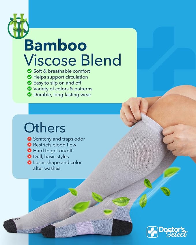 Doctor's Select Bamboo Viscose Light Compression Socks for Women & Men - 3 Pairs, 8-15 mmHg Compression Socks, Knee High