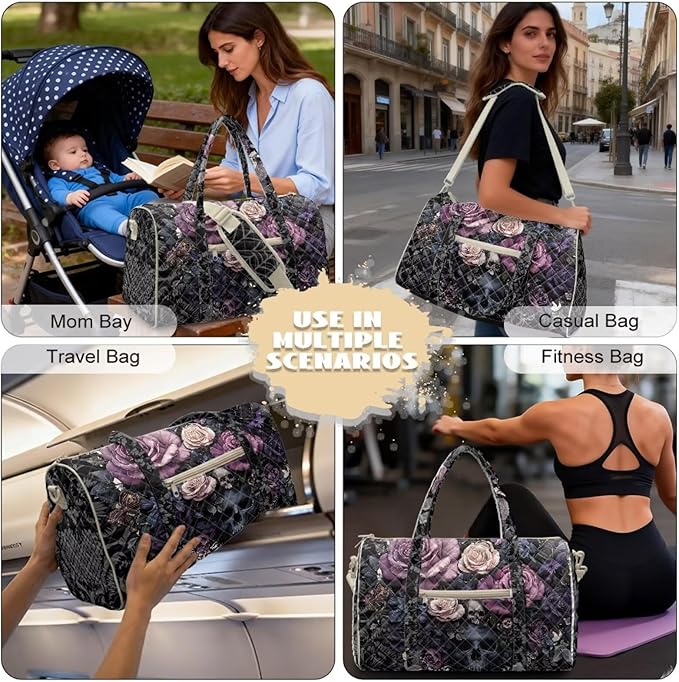 COEQINE Halloween Purses for Women Travel Quilted Duffle Print Travel Gym Bag Black Gothic Floral Skull Gothic Purse Large Packable Travel Bag
