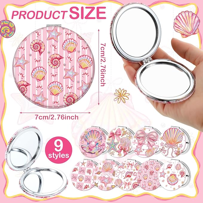 Weysat 9 Pcs Pink Seashell Bow Compact Mirrors Double Sided Magnifying Makeup Mirrors with PU Leather Case Portable Pocket Mirror for Women Girl Mother's Day Wedding Bridesmaids Gifts