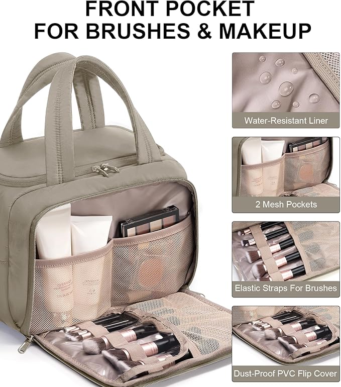 Travel Toiletry Bag for Women, Lightweight Large Quilted Puffy Makeup Bag Wide-open Make up Organizer Cloud Cosmetic Bag w/Handle for Traveling, Toiletries, Essentials, Accessories Oatmeal