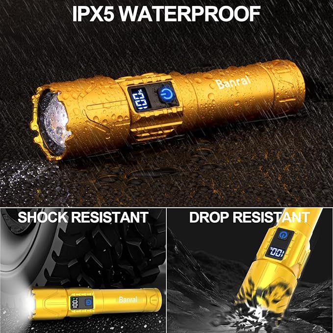 Banral Rechargeable Tactical Flashlights 2000 High Lumens - 5000mAh Super Bright LED Powerful Flash Light, Waterproof Handheld USB C Flashlight for Home,Car,Camping,Emergencies,5 Modes (1, Gold)