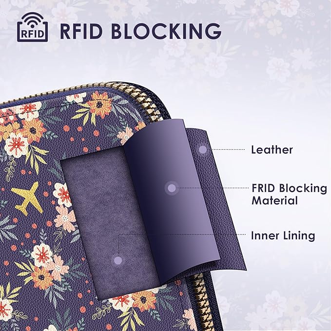 Passport Holder, Passport Holder For Travel, Passport Cover For Travel Essentials, Passport Wallet Cover RFID Blocking, Cute Passport Book for Women and Men, Navy Blue Flowers