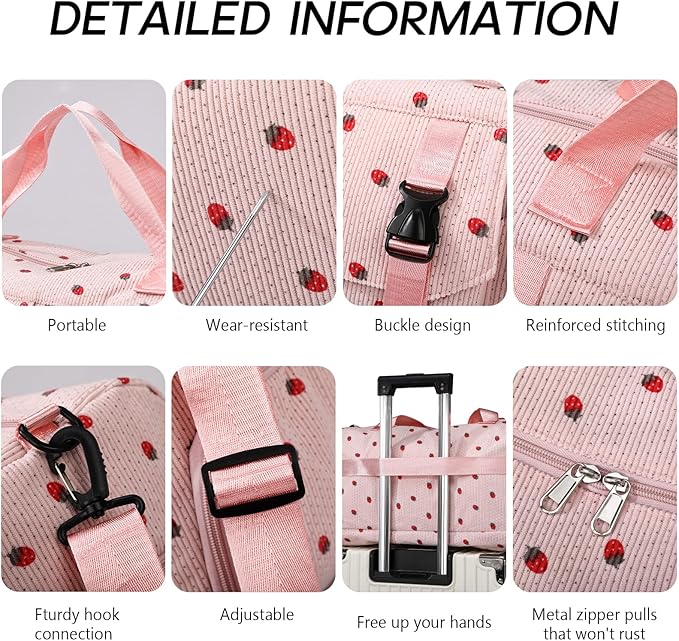 MYHOZEE Strawberry Corduroy Duffel Bag for Women, Gym Bag with Shoe Compartment & Wet Dry Pocket, Lightweight Travel Bag with Adjustable Strap, Sports Weekender Overnight Bag for Work Swimming Yoga