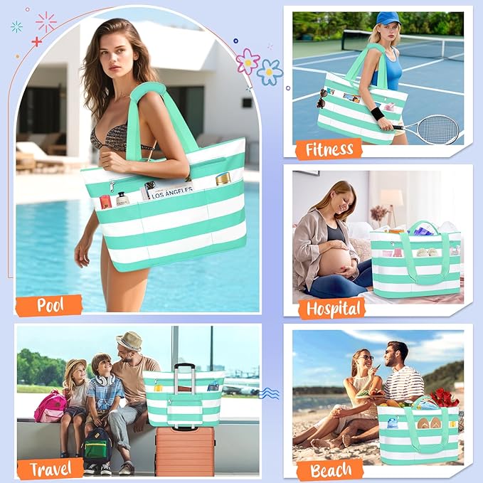 BKNOOU Extra Large Beach Bags Waterproof Sandproof XL Beach Tote Bag for Women Zipper Foldable Swim Pool Bag with Wet Pocket