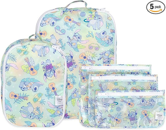 Bumkins Packing Cubes and TSA Approved Pouches for Travel Bag, Organize Luggage with Compression Bags, Essential Traveling Accessories to Pack Clothes, Toiletries, Carryon Suitcase, 5-pc Disney Stitch