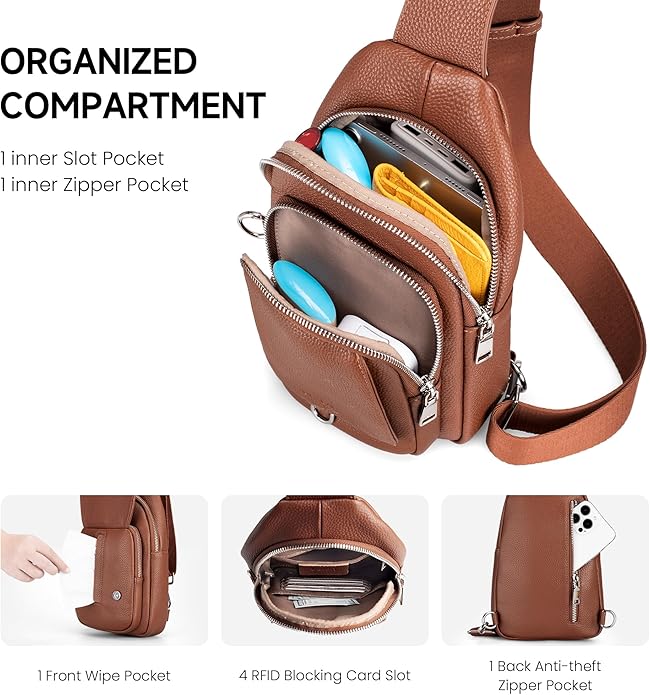 befen Anti Theft Genuine Leather Sling Bag for Women RFID Small Crossbody Bag Chest Bag Leather Fanny Packs for Travel