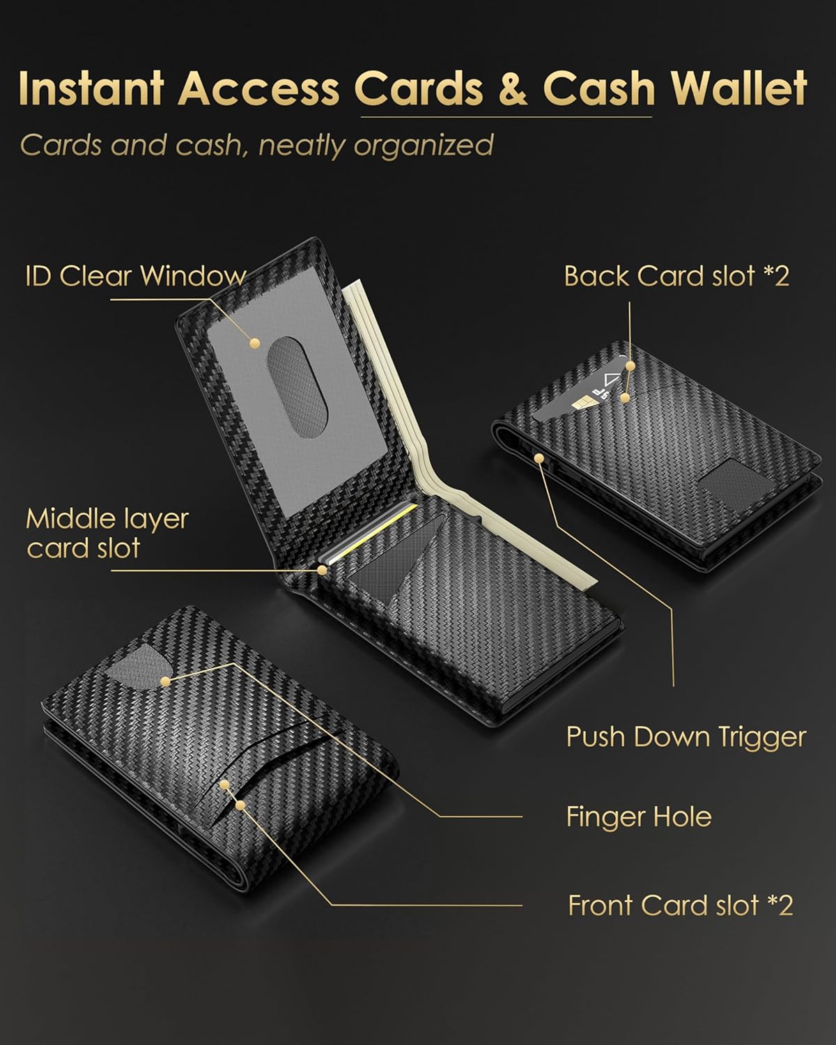2025 Wallet for Men - RFID Blocking [Functional & Practical] Bifold Slim Minimalist Credit Card Holder Pop Up Wallet Metal Case with Cash Slot, Front Pocket with ID Window, Gift Boxed (Carbon Fiber)