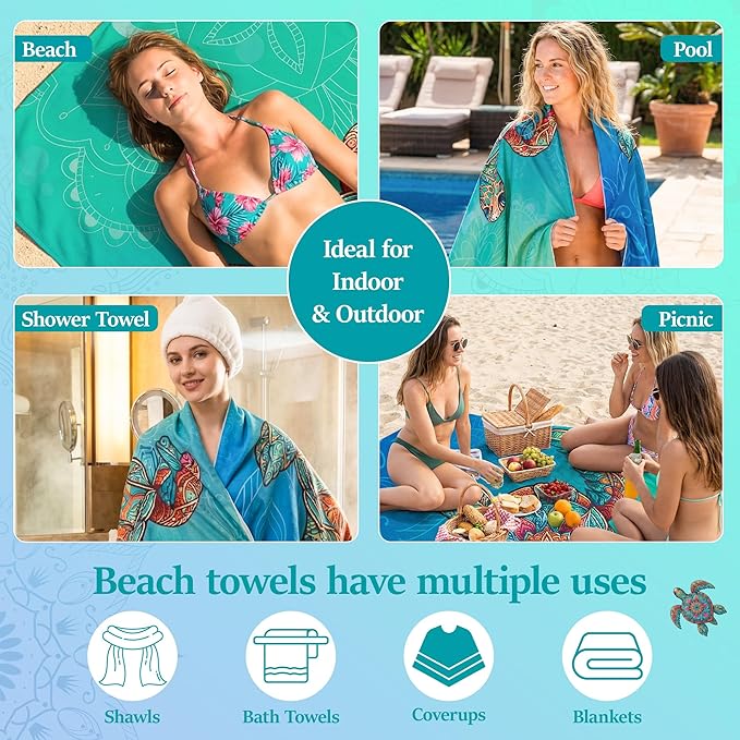 Turtle Oversized Beach Towel - Blue Turtle Sand Free Thin Quick Dry Lightweight Microfiber Towel 71"x35", Beach Accessories for Kid Adult Travel Sport Bath Swimming Camping Pool Vacation Essentials