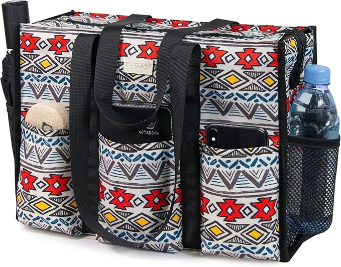 TOPDesign Utility Water Resistant Tote Bag with 13 Pockets, Top Zipper Closure & Thick Bottom Support, for Working Women