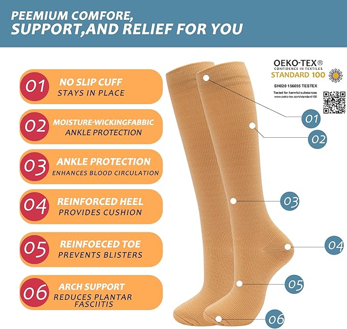 fenglaoda 3 Pairs Compression Socks for Women & Men Knee High Nurse Pregnant Cute Medical Running Travel Athletic