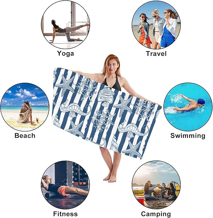 Starfish Microfiber Beach Towels,Underwater Starfish Seahorse with Coral on Stripes Oversized Absorbent Bath Towels,Soft Quick Dry Thin Camping Towel for Adults Women Men,29.5"×59"