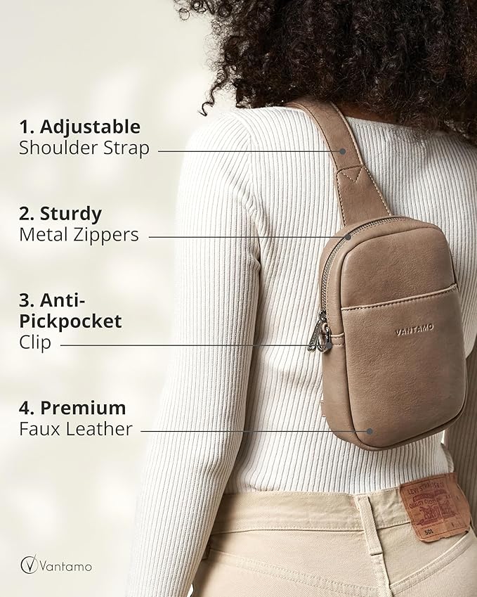 Vantamo Sling Bag for Women Adjustable Strap, RFID & Anti-Pickpocket Clip Cross Body Bags for Women, PU Leather Pack