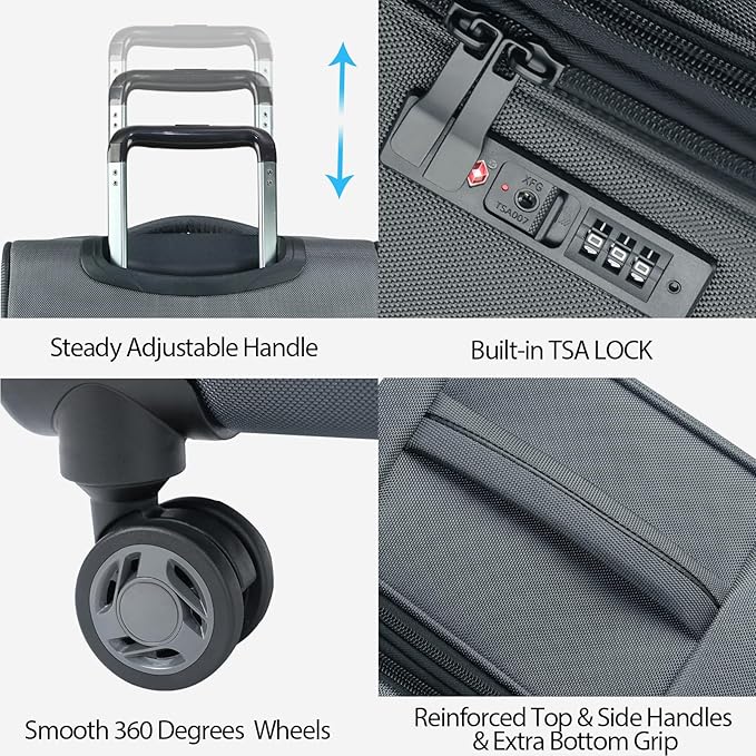 KROSER Softside Expandable checked Luggage with Front Business Pockets，24 Inch Suitcases with Spinner Wheels & Built-in TSA Lock, Durable Suitcase Rolling Luggage, Grey