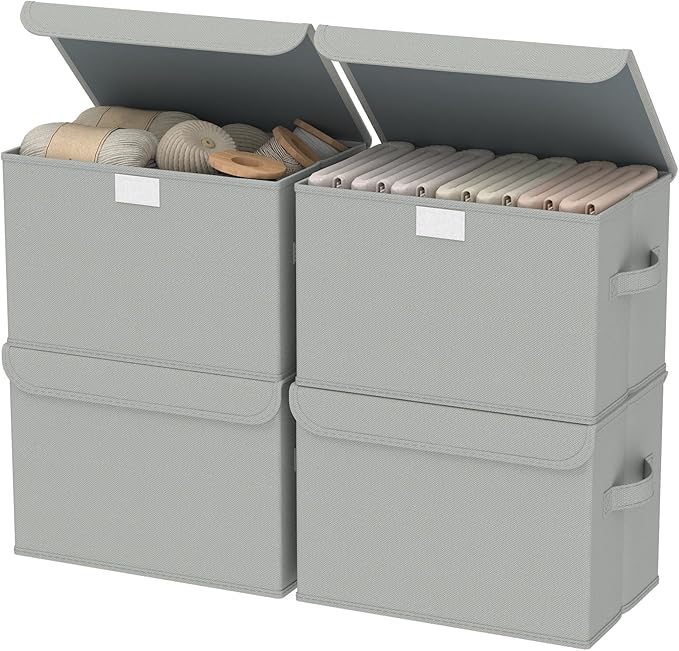 Storage Bins with Lids for Organizing, Closet Boxes with 2 Carrying Handles and Sturdy Heavy Cardboard, Home Organizers Cubes, 4 Pack, Grey, 15 x 9.8 x 9.8 In, XSNY12GL-4