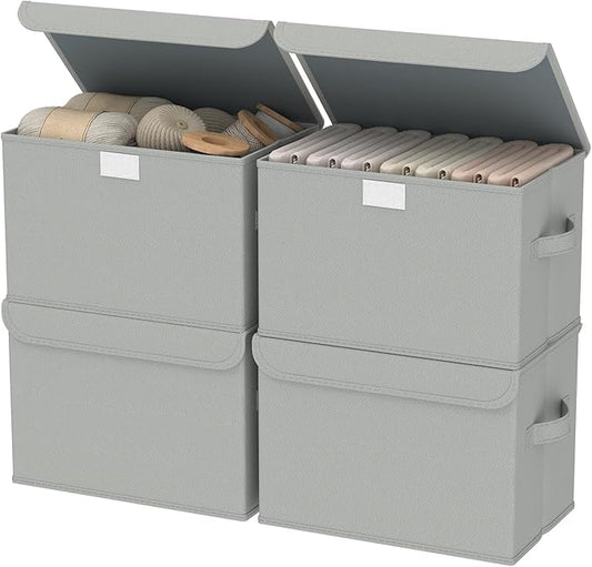 Storage Bins with Lids for Organizing, Closet Boxes with 2 Carrying Handles and Sturdy Heavy Cardboard, Home Organizers Cubes, 4 Pack, Grey, 15 x 9.8 x 9.8 In, XSNY12GL-4