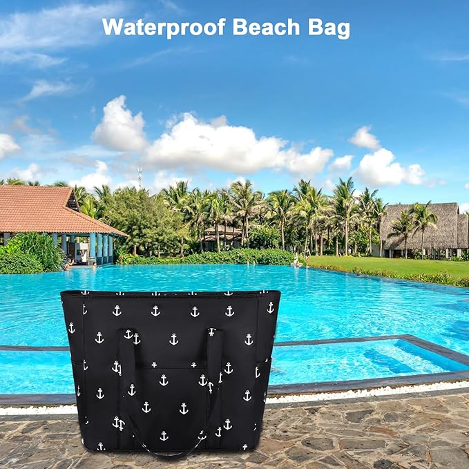 Octsky Large Beach Bags for Women - Waterproof Sandproof Beach Tote with Dual Zipper and Wet Pocket - 3 Outside Pockets