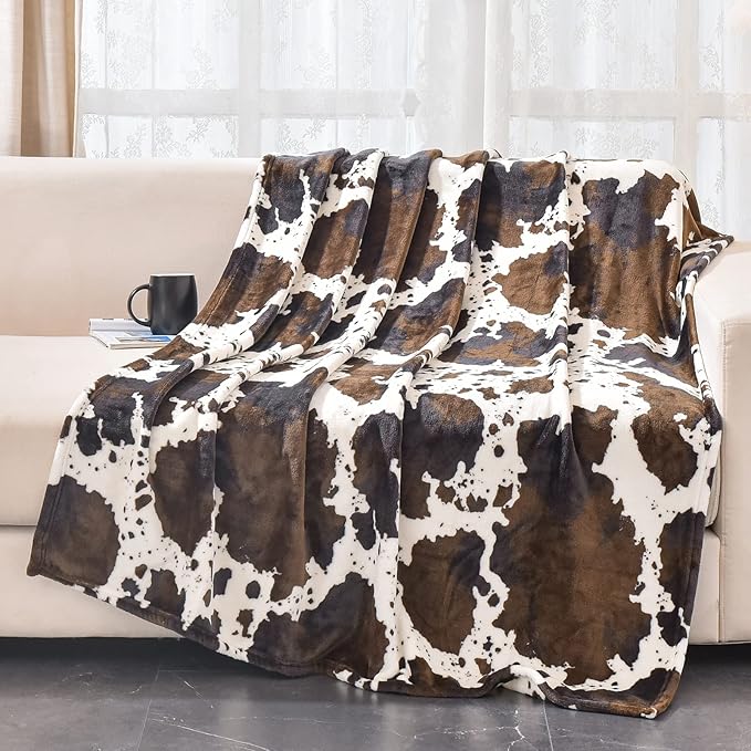 Bnuitland Brown Cow Print Flannel Throw Blanket (50x70 Inches) with Storage Pouch, 300 GSM Double Sided Fuzzy Decor Blanket for Bed/Sofa/Couch/Lap, Super Soft Cozy Throw Gift for Adults and Kids