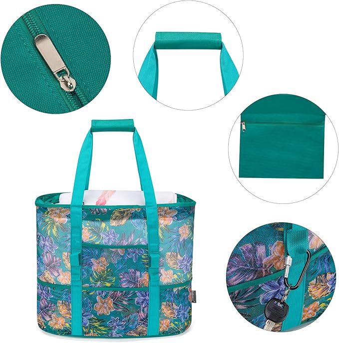 KABAQOO Mesh Beach Bag, Extra Large Beach Bags with 9 Pockets & Zipper Waterproof Lightweight Beach Tote for Beach/Pool Trip | Extra Large, 9 Pockets, Zipper, Waterproof, Lightweight, Beach/Pool Trip