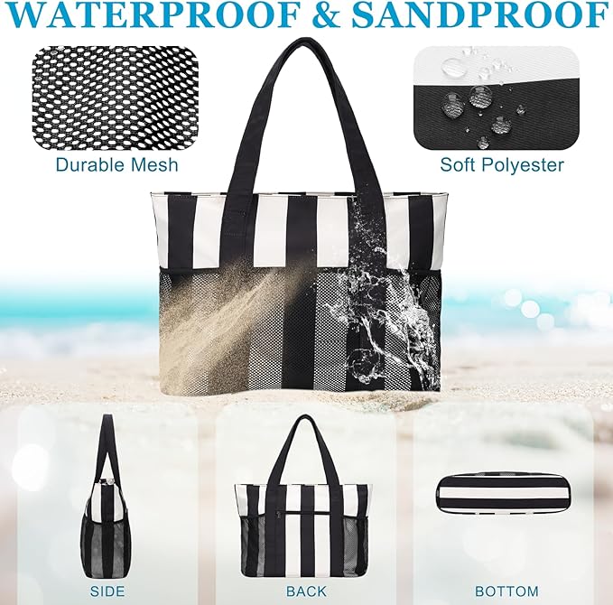 VASCHY Beach Bag for Women, Foldable Waterproof Sandproof Beach Tote with Zipper/Mesh Pockets for Vocation/Cruise/Gym/Travel