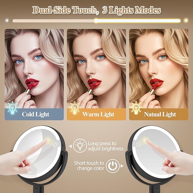 Makeup Mirror with Lights, Double Sided 1x/30x Magnifying Mirror with Light, Rechargeable 3 Color Lights and Adjustable Brightness, 360° Rotation Detachable Comes with Tweezer(Dark-30X)