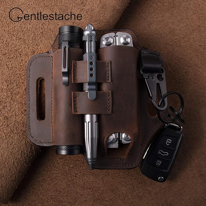Gentlestache Multitool Belt Sheath, EDC Leather Belt Organizer, Belt Holder with Multitool Pouch, Flashlight Holder, Pen Holder and Keychain Clip, Practical EDC Belt Pouch for Men