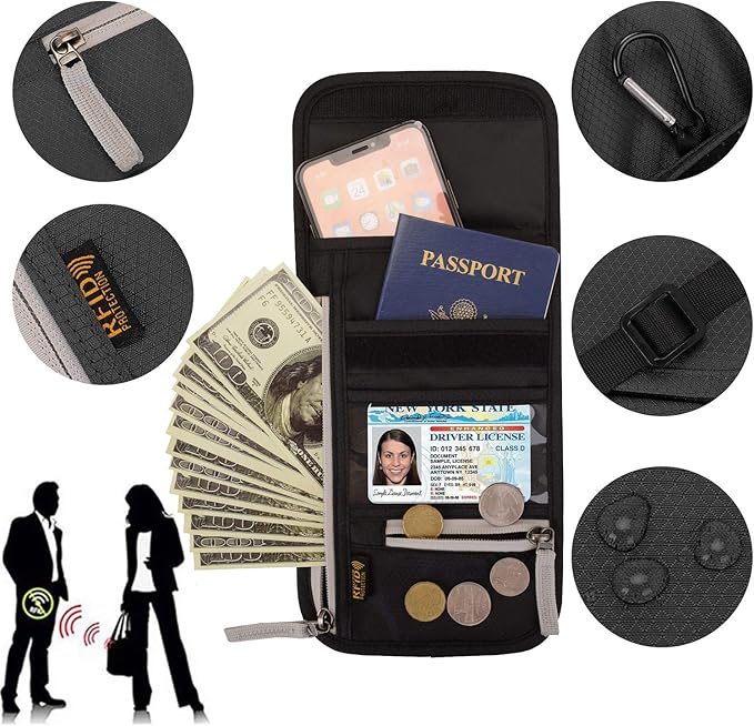 Peicees RFID Blocking Travel Neck Wallet for Men Women Family Passport Holder Lanyard Neck Pouch Slim Travel Document Holder