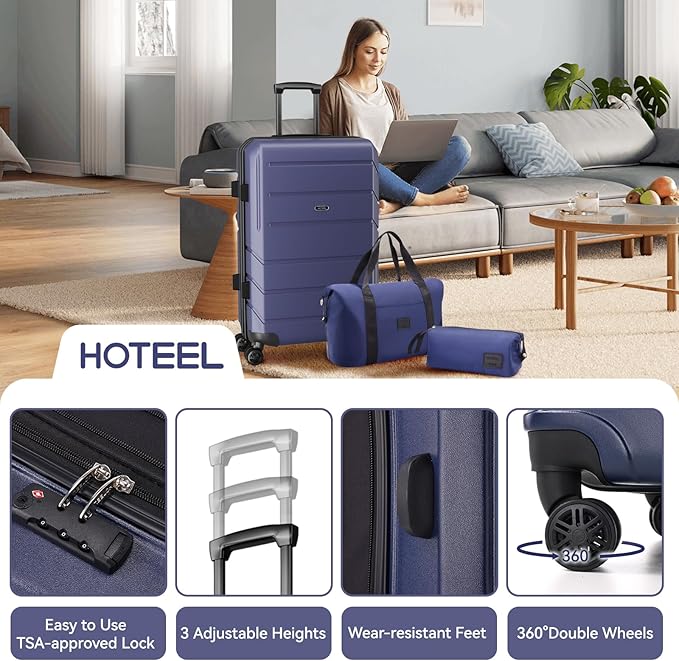 HOTEEL Expandable 5 Piece Luggage Set (4-YEARS WARRANTY) ABS+PC Hardshell Carry on Suitcase Silent Universal Wheels&TSA Lock for, Unisex Rolling Suit Case for Family, Travel, Dark Blue(20/24/28/DB/TB)