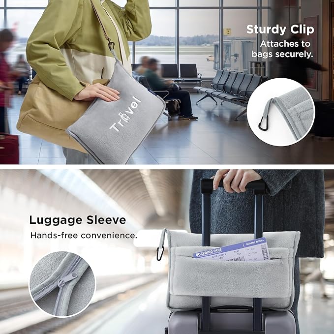 Bedsure Travel Blanket and Pillow Set with Inflatable Neck Pillows, Eye Mask and Storage Bag, Lightweight 3-in-1 Airplane Packable Blanket, Compact Travel Essentials, Grey