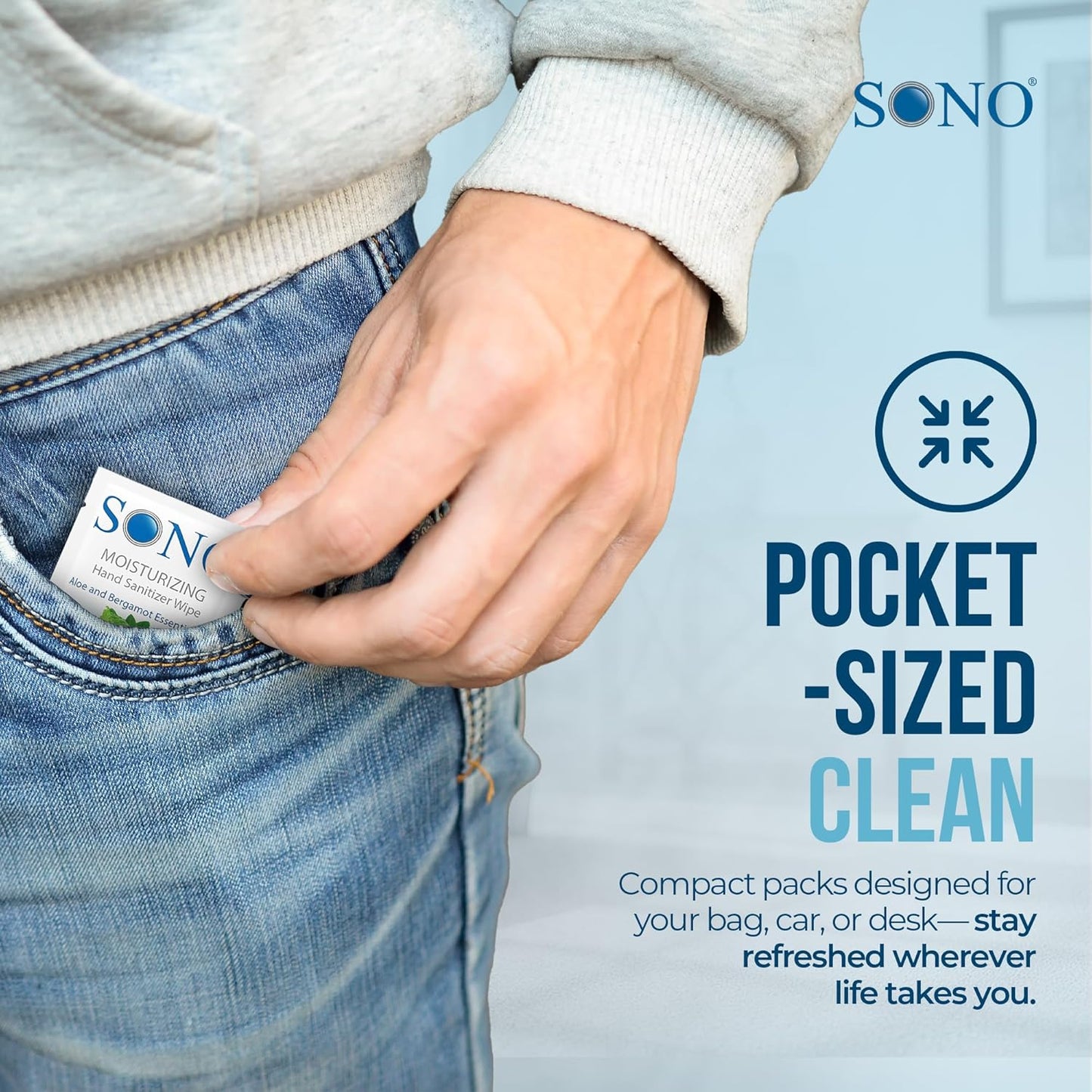 SONO Alcohol-Free Sanitizing Hand Wipes with Bergamot & Aloe Essential Oil - Hospital-Grade Disinfectant - Individually Wrapped Travel Size - 500 Pack - Gentle Cleaning & Germ Protection Anywhere