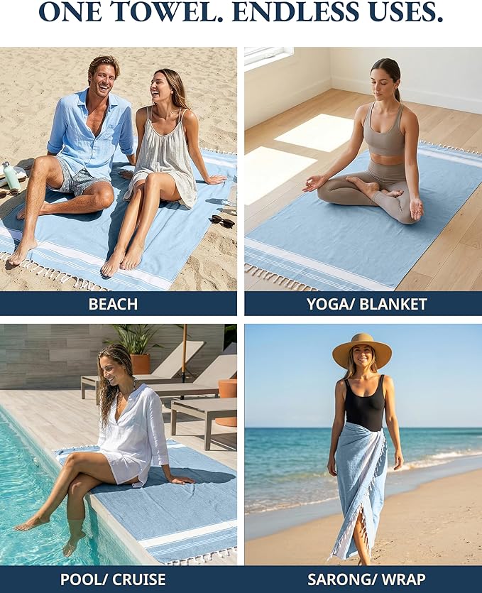 LANE LINEN Beach Towels for Women, 2 Pack Large Beach Towels Oversized, Pre-Washed, No-Shrink Sand Free Beach Towels, Quick Dry, Lightweight Travel Towel,Soft Beach Bath Towel, 39"x71" - Sky Blue