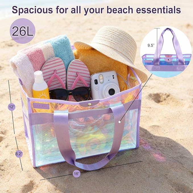 2-Piece 26L Iridescent Beach Bags for Women,Purple Beach Tote Bag & Pink Clear Tote Bag, Large Waterproof Beach Bags for Family Summer Travel Essentials