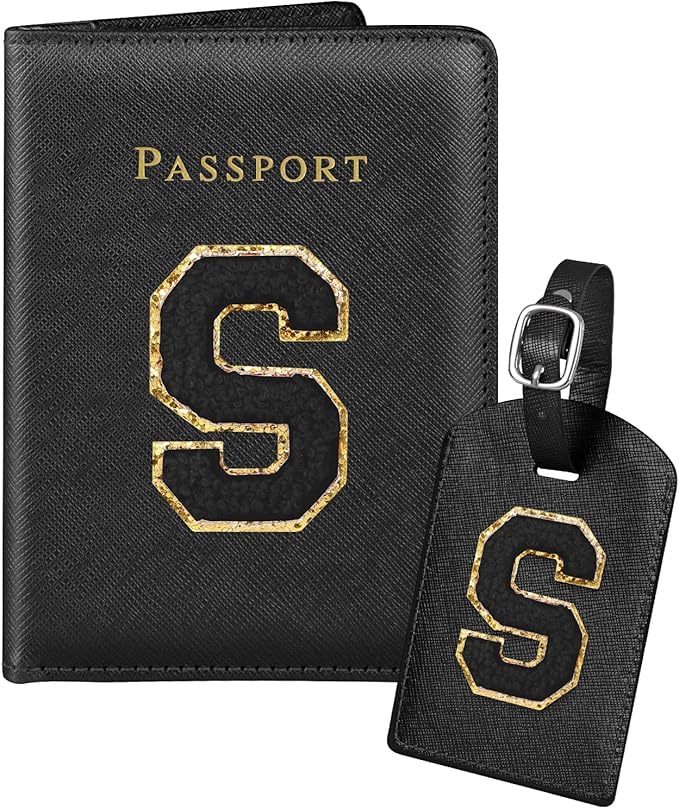 Slohif Passport Holder Initial Lugguage Tag Set Suitcase Cover Wallet Case for Travel Women - Leather Letter Passport Book Personalized Organizer Card Protector Sleeve Essentials Slim Carrier Black S