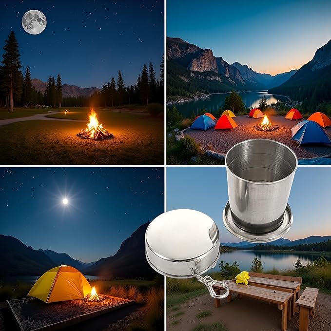 1Pc Silver Stainless Steel Folding Camping Mug Collapsible Portable Cup with Keychain for Outdoor Activities Hiking Picnic(Large), Camp Kitchen