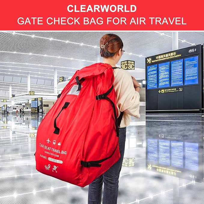 Clearworld Car Seat Travel Bag for Air Travel, Durable Gate Check Bag for Airport,Foldable Baby Stroller Travel Carry Bag, Fits Car Seats, Infant Carriers & Booster,Universal Size Red