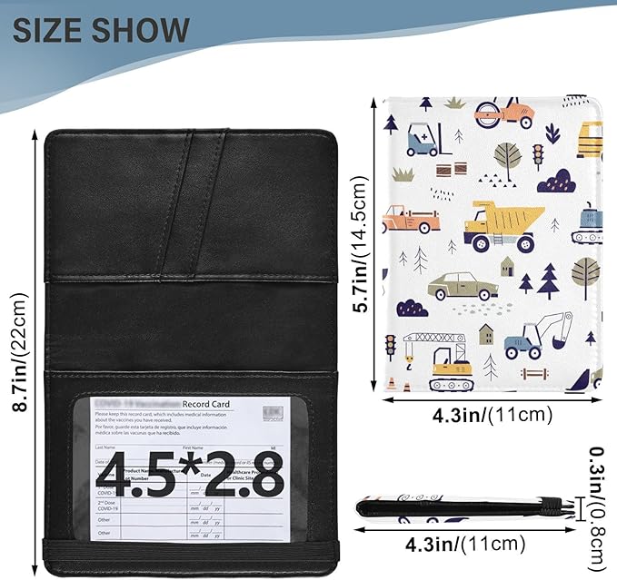 linqin Hand Drawn Construction Machines Passport and Vaccine Card Holder Combo Leather Passport Case 4x3 CDC Vaccination Card Protector/Covers Waterproof Wallet for Travel