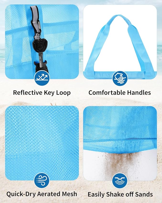 WANDF Mesh Beach Bag for Women, Large Beach Tote Bags with 40oz Tumbler Side Pockets, Family Pool Bag for Swim Toys Towels Cruise Vacation Essentials (Blue) | Breathable