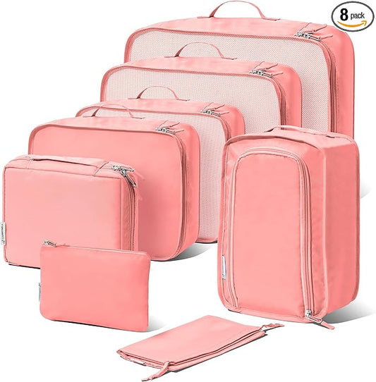(Not Made In China) Packing Cubes For Travel, Luggage and Suitcase Organizer Bags, Carry On and Backpack Space Savers, Lightweight Waterproof Nylon, 8pc Set, Pink