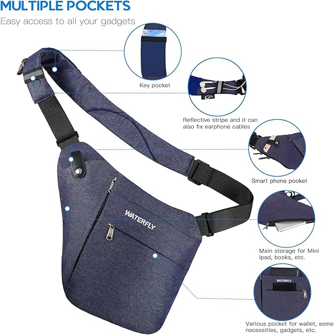 WATERFLY Sling Crossbody Chest Bag: Slim Anti-Theft Cross Body Bag Over Shoulder Backpack Stealth Side Pack Man Woman