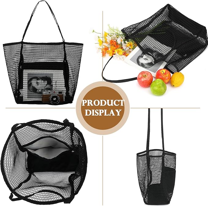 Mesh Beach Bag, Large Beach Tote with Zipper Pocket, Toys Pool Bag for Family Travel Vacation Cruise Essentials