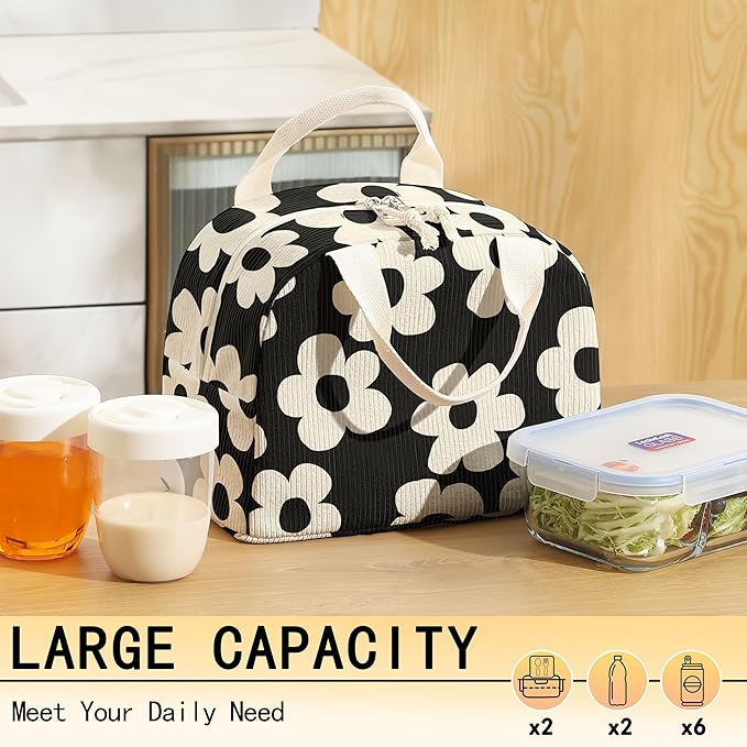 Insulated Lunch Box for Women and Men,Corduroy Lunch Bags for Work,Leakproof Adults Cooler Tote Bag for Offices,Picnic,Travel,Outdoor (flowers)