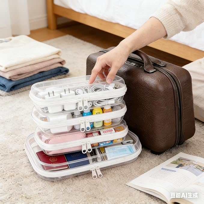 4Pcs/3S+1M Clear Hard Shell Zippered Travel Case – Plastic Organizer Pouch for Toiletries, Cosmetic Bag, Diaper Bag & Packing Accessories (White, Set B)