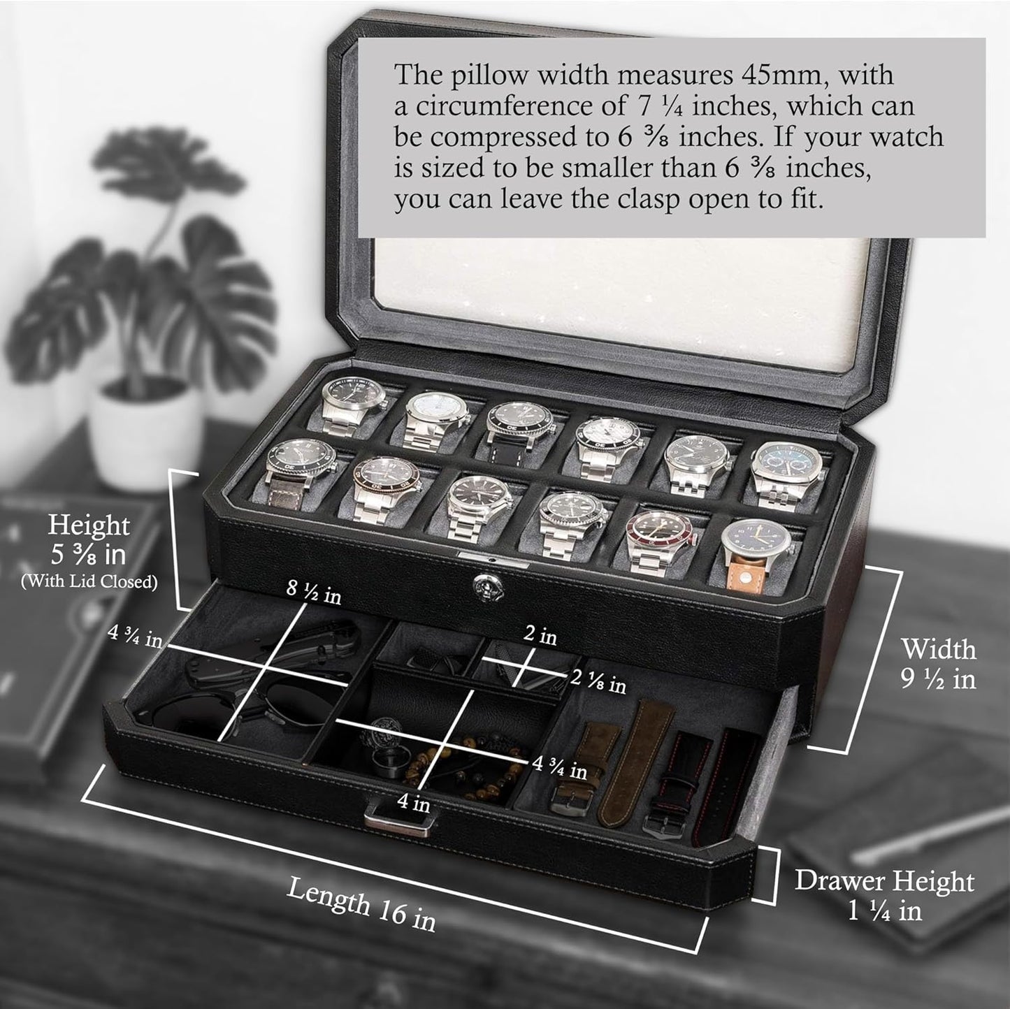 ROTHWELL 12 Slot Leather Watch Box with Valet Drawer - Luxury Watch and Jewelry Case Display Organizer, Microsuede liner, Mens Locking Storage Holder Large Glass Top (Black/Grey)