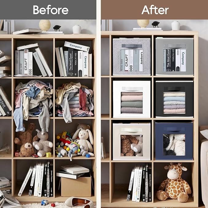 Storage Cube 11 Inch - Cube Storage Bins with Window, Closet Storage Baskets with Handle, Fabric Bins for Closet, Shelves, Toys, Clothes, Set of 14, Beige