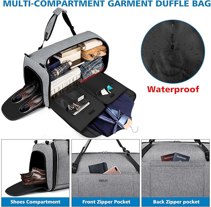 Convertible Garment Bags for Travel - Carry on Garment Duffle Bag with Backpack Straps for Men Women, 4 in 1 Large Travel Duffel Bags with Shoes Compartment Hanging Suit Dress Weekender Bag 3pcs Set