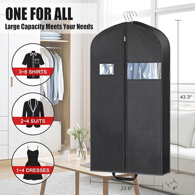 43" Garment Bags for Hanging Clothes & Travel, 4" Gusseted Suit Bag for Closet Storage, Hanging Bags for Clothes Travel with 2 Handles for Tuxedos, Coats,Shirts & Dresses