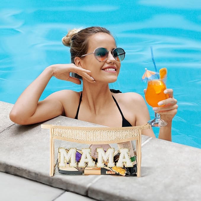 Mother's Day Cosmetic Bag - Summer Boho Patch MAMA Chenille Varsity Letter Makeup Bag Clear Waterproof Travel Toiletry Kit Zipper Clutch Daily Use Purse Gift for Mom Women Ladies Wife