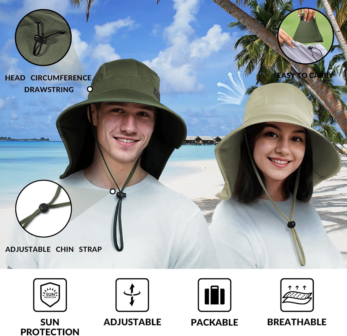 Sukeen Cooling Sun Hat for Men Women UPF50+ Wide Brim Fishing Hat with Neck Flap Adjustable Foldable Bucket Hat for Hiking