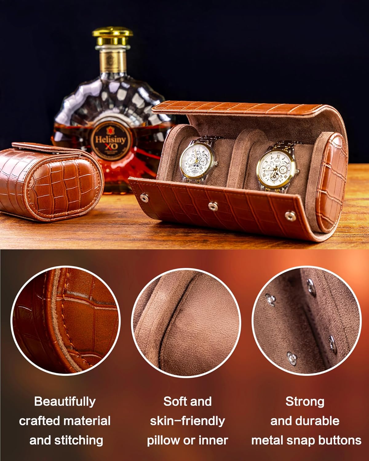 MR.OKAY 2 Watch Travel Case- Classic Leather Watch Case With Superb Texture.(Portable Watch Roll Or Organizer For Storage And Display).Festival Gift For Men ndcrafted By Artisans.