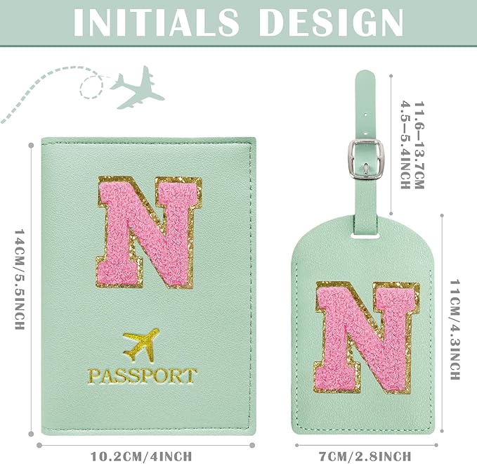 COSHAYSOO Initial Passport Cover Luggage Tag Set Letter Passport Holder Airplane Cruise Travel Essentials Vacation Traveling Accessories Personalized Gifts for Women Teen College Girls Teal N