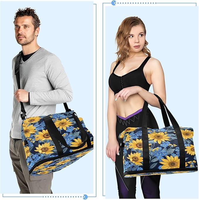 CEBUGI Sunflower Forget Me Sports Duffle Bags Extensible Gym Bag Wet and Dry Separate Portable Travel Duffel with Shoe Compartment & Wet Pocket